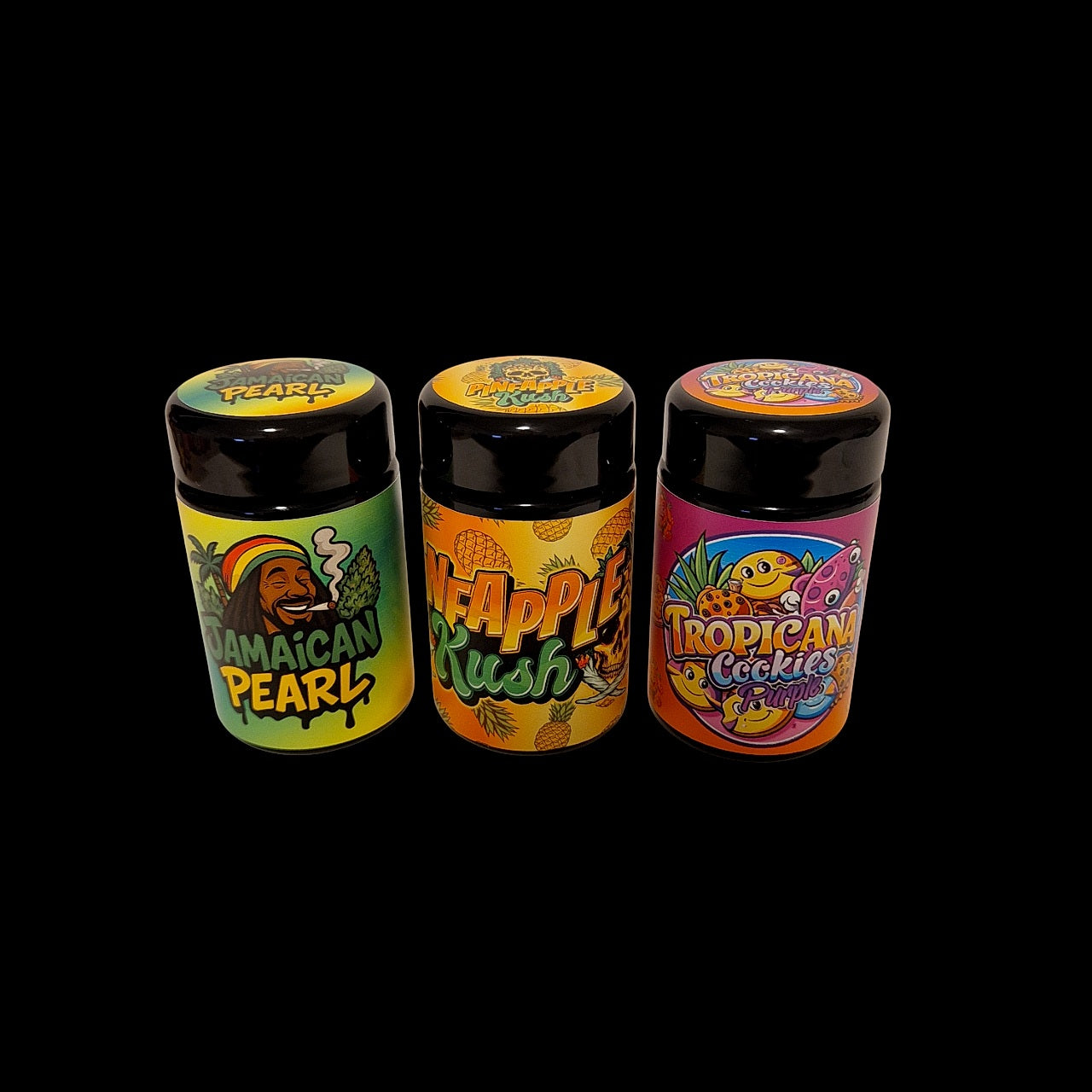 Designte 100ml Miron Gläser mit verschiedenen Designs, Jamaican Pearl, Pineapple Kush und Tropicana Cookies Purple Design