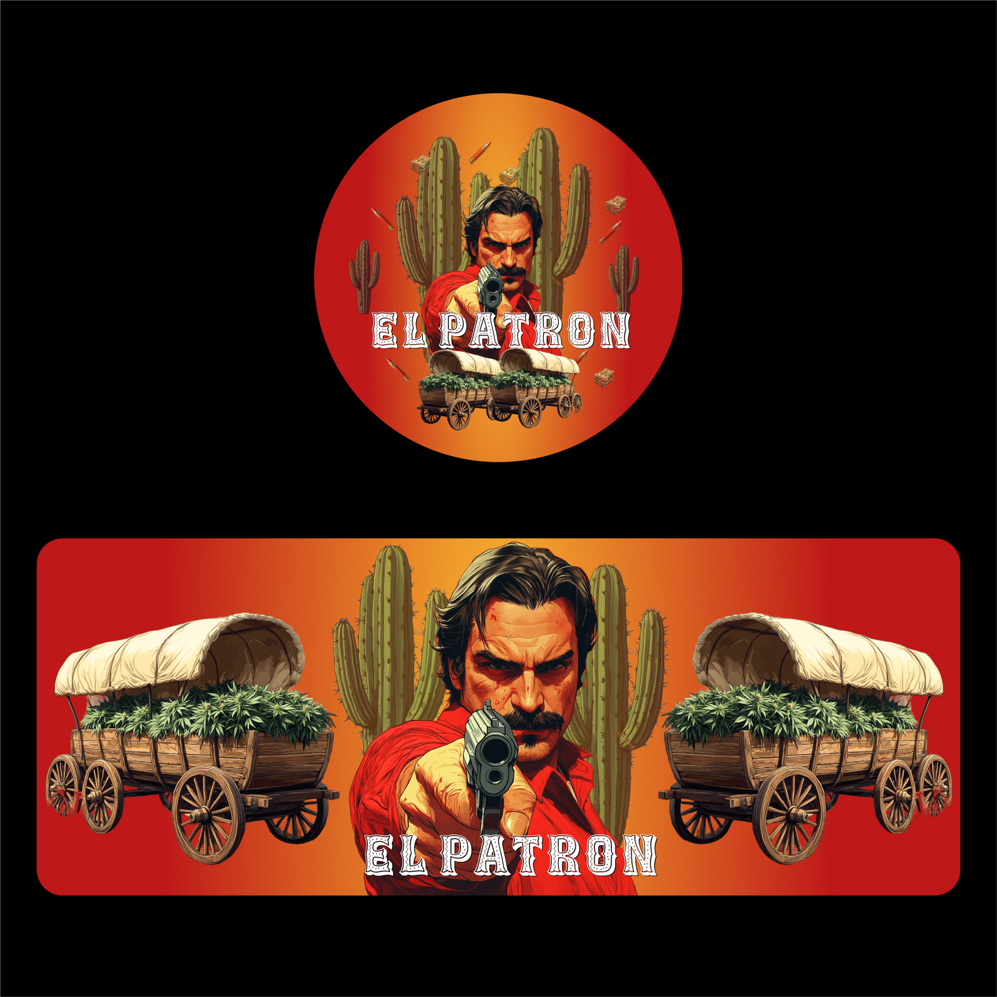 Designte 100ml Miron Gläser mit verschiedenen Designs, rotes El Patron Design mit Kakteen und Heuwagen im Hintergrund