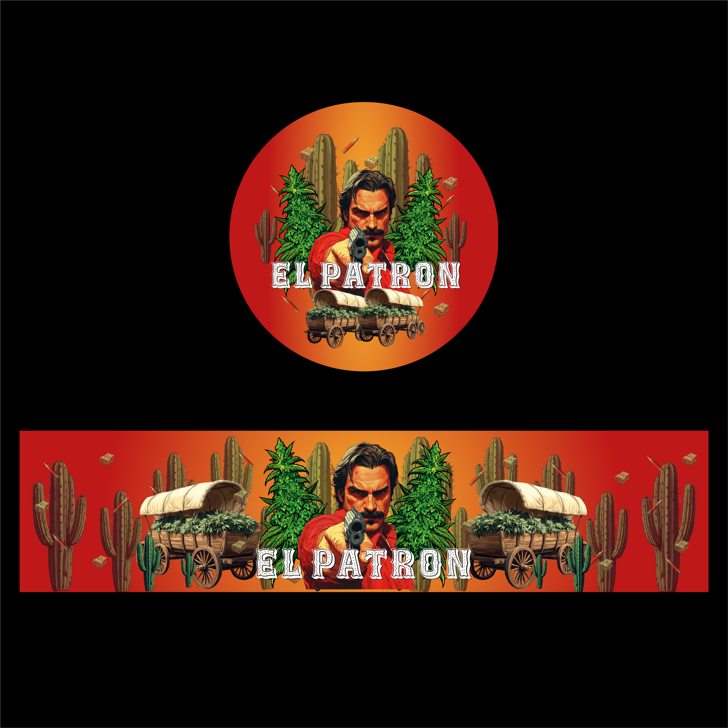 Designte 5ml Miron Gläser mit verschiedenen Designs, rotes El Patron Design mit Kakteen und Heuwagen im Hintergrund