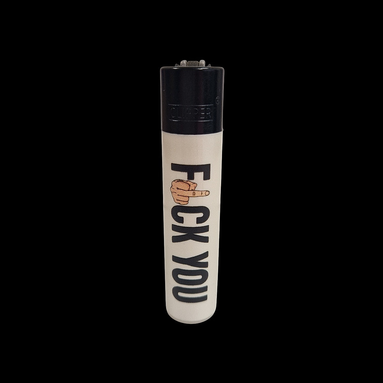 designte Clipper, bedrucktes weißes Clipper Feuerzeug mit der Aufschrift F*CK YOU