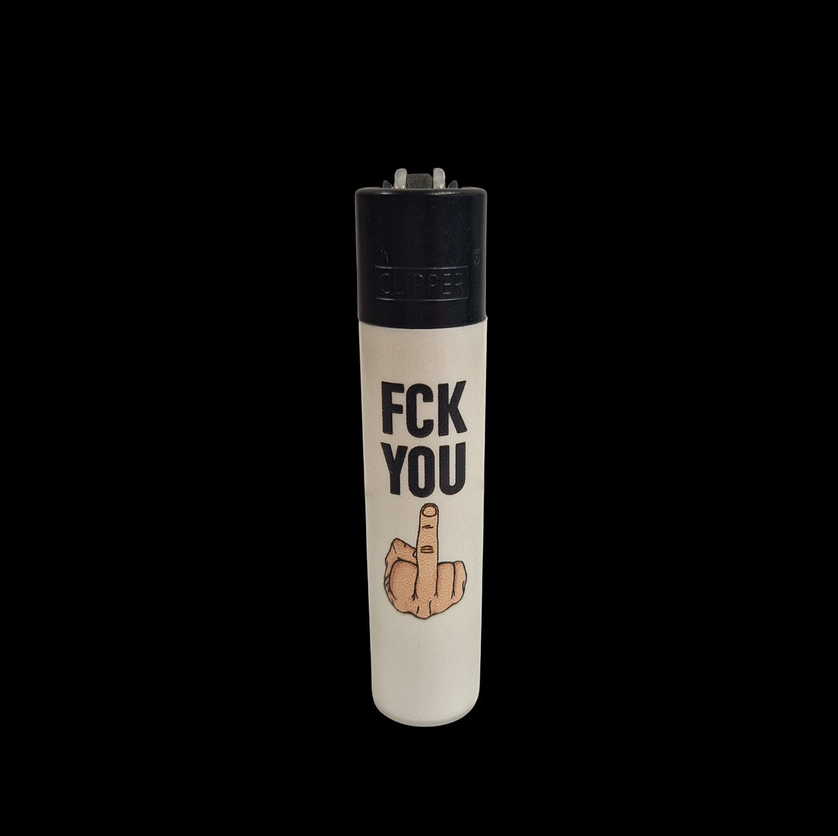 designte Clipper, bedrucktes weißes Clipper Feuerzeug mit der Aufschrift FCK YOU