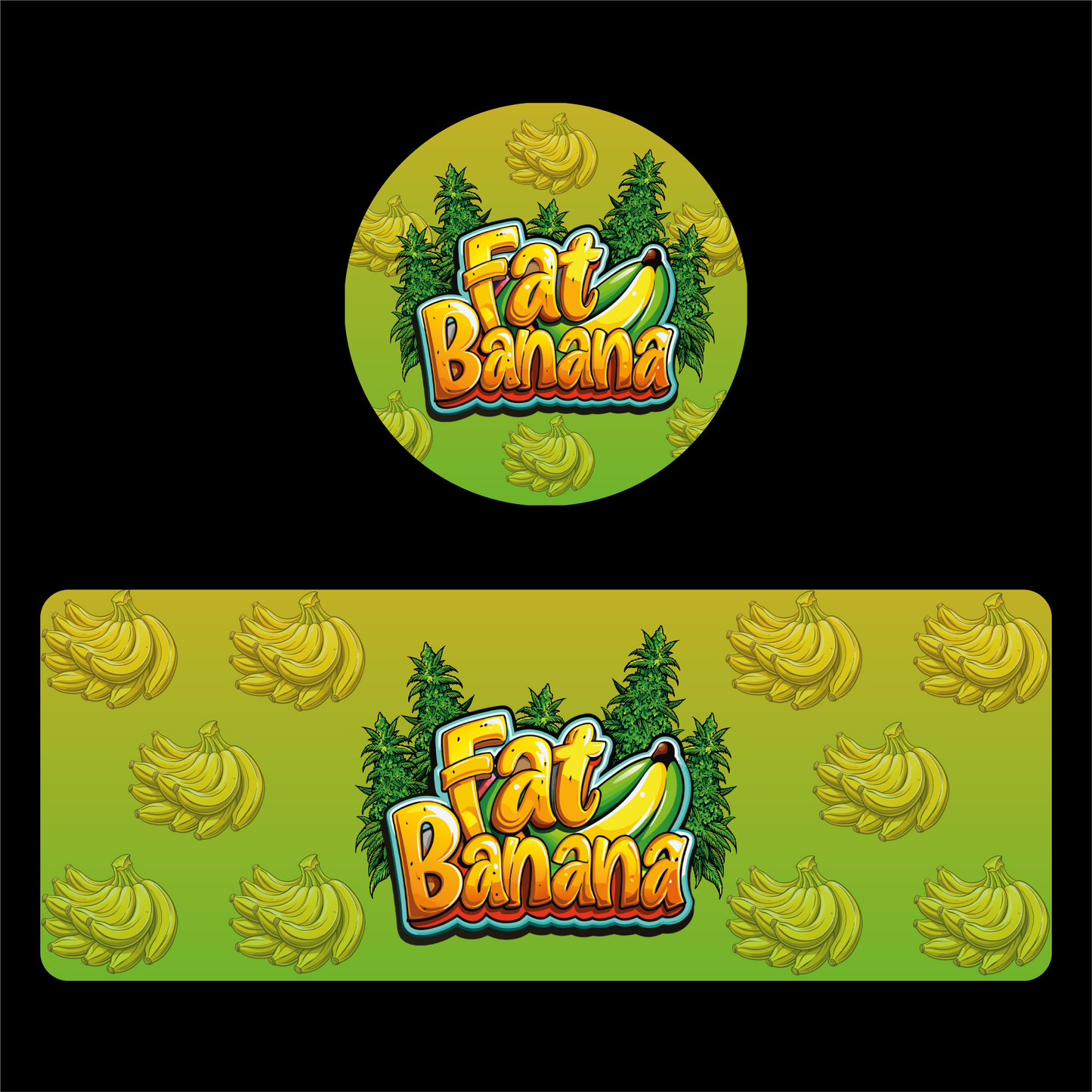 Designte 100ml Miron Gläser mit verschiedenen Designs, grün gelbes Fat Banana Design mit Bananen im Hintergrund