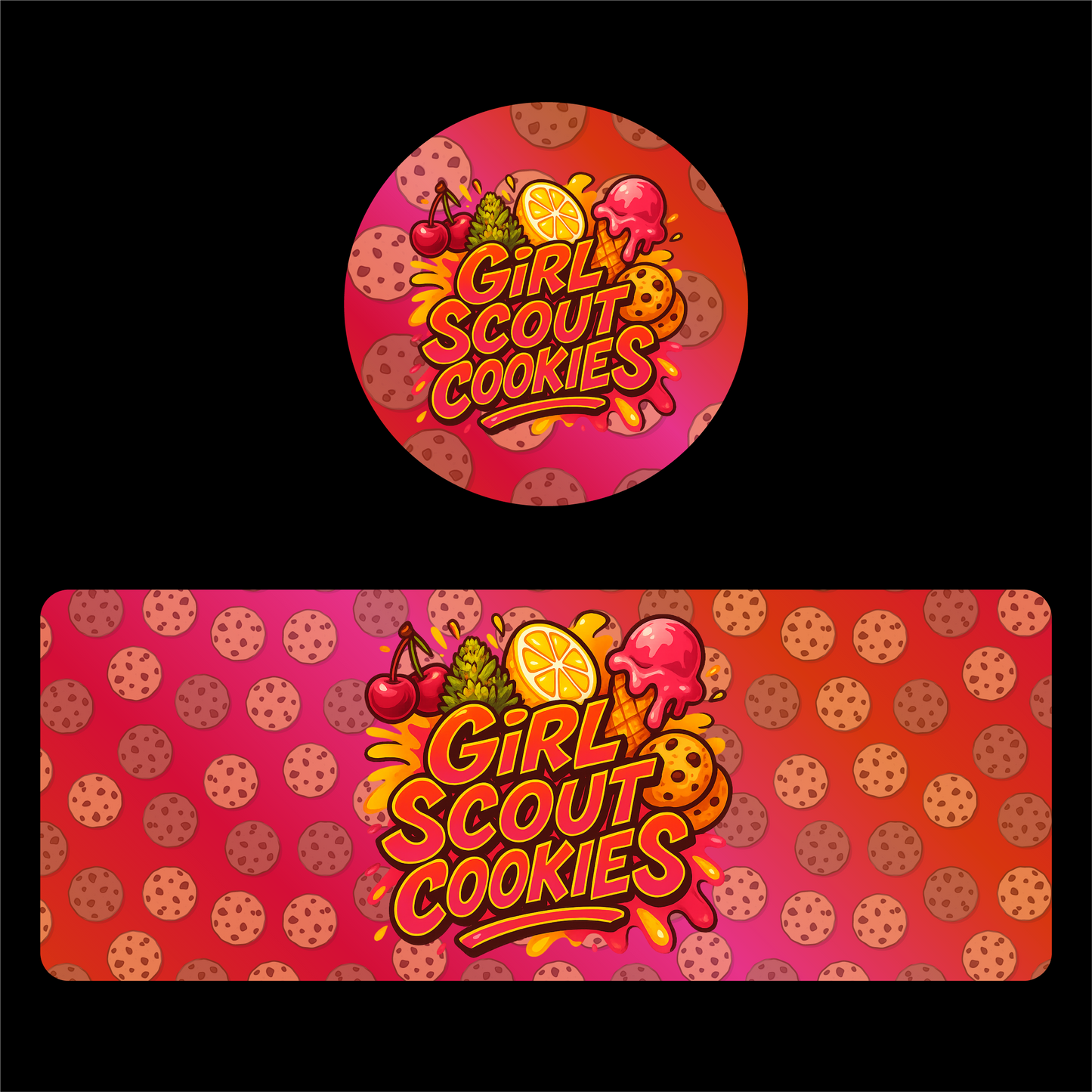 Designte 100ml Miron Gläser mit verschiedenen Designs, gelb rotes Girl Scout Cookies Design mit Keksen im Hintergrund