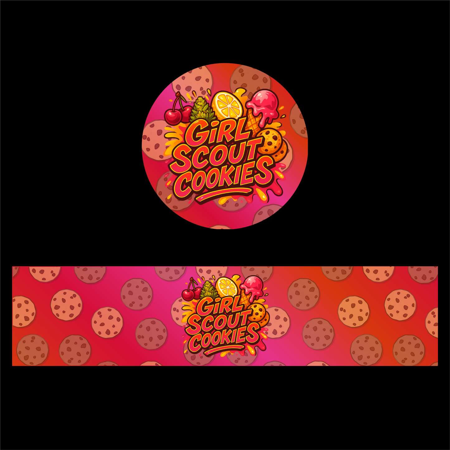 Designte 5ml Miron Gläser mit verschiedenen Designs, gelb rotes Girl Scout Cookies Design mit Keksen im Hintergrund