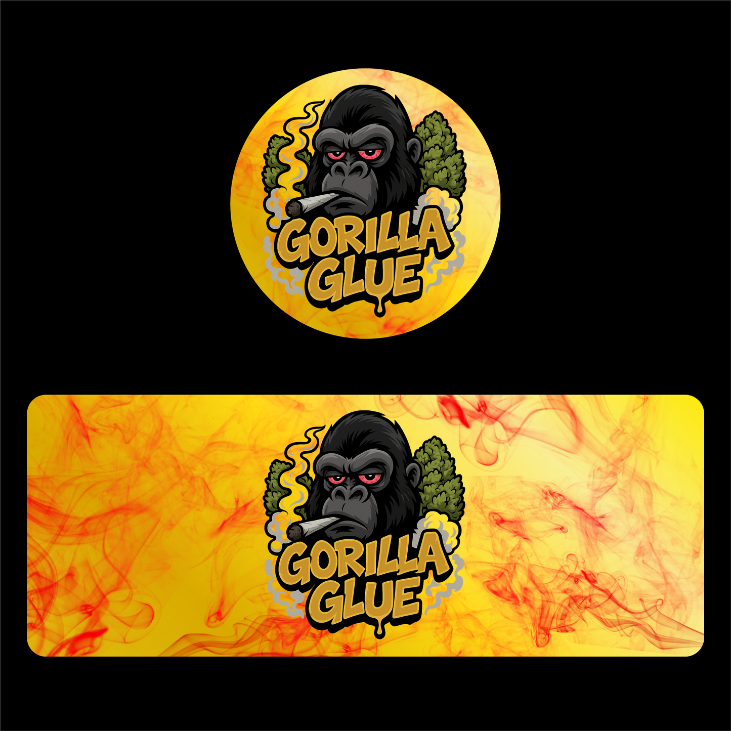 Designte 100ml Miron Gläser mit verschiedenen Designs, gelb rotes Gorilla Glue Design mit einem Gorilla