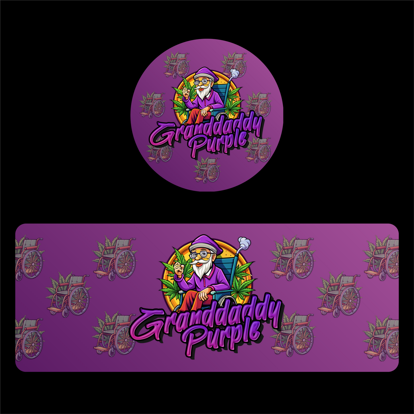 Designte 100ml Miron Gläser mit verschiedenen Designs, lilanes Granddaddy Purple Design mit Opa im Rollstuhl.