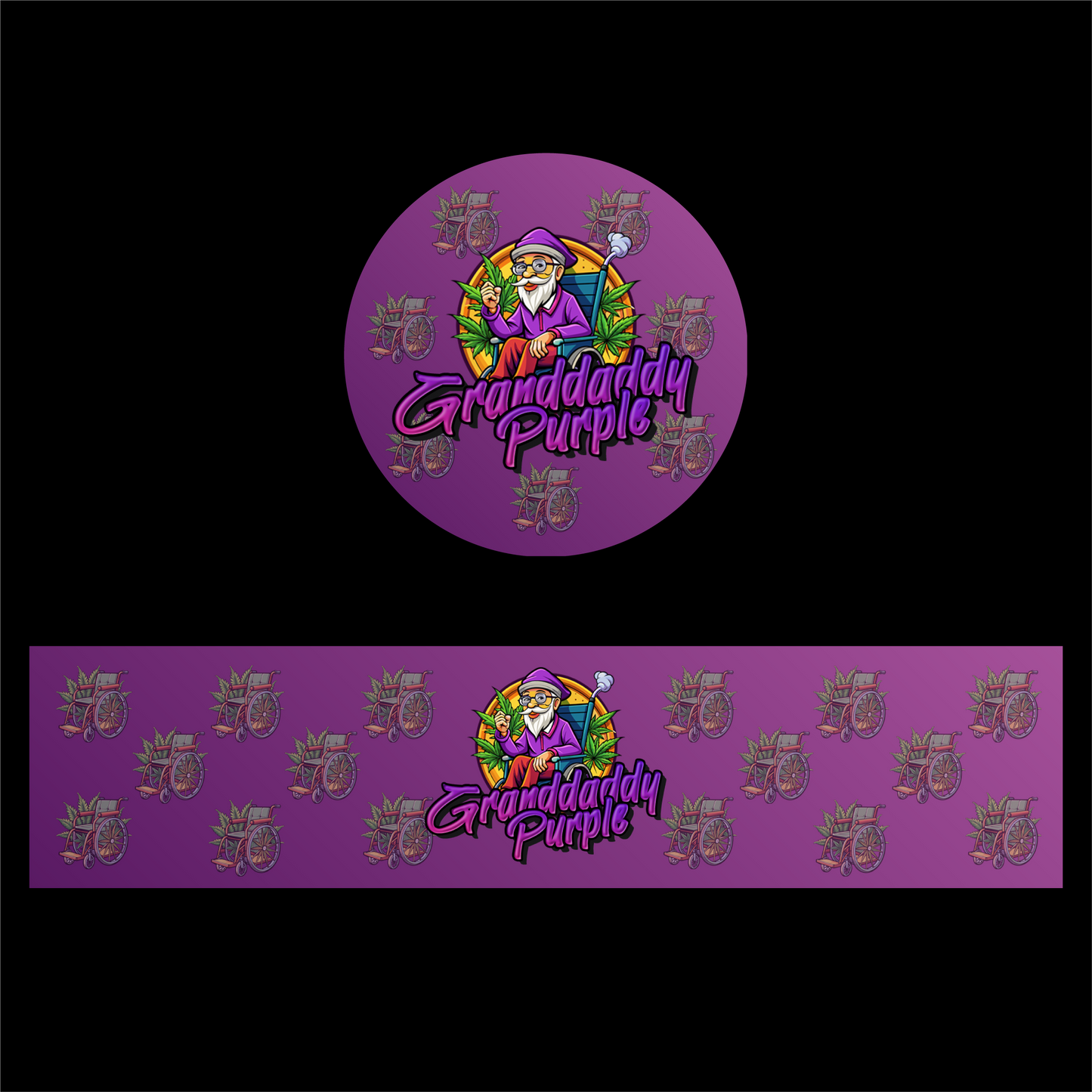 Designte 15ml Miron Gläser mit verschiedenen Designs, lilanes Granddaddy Purple Design mit Opa im Rollstuhl.