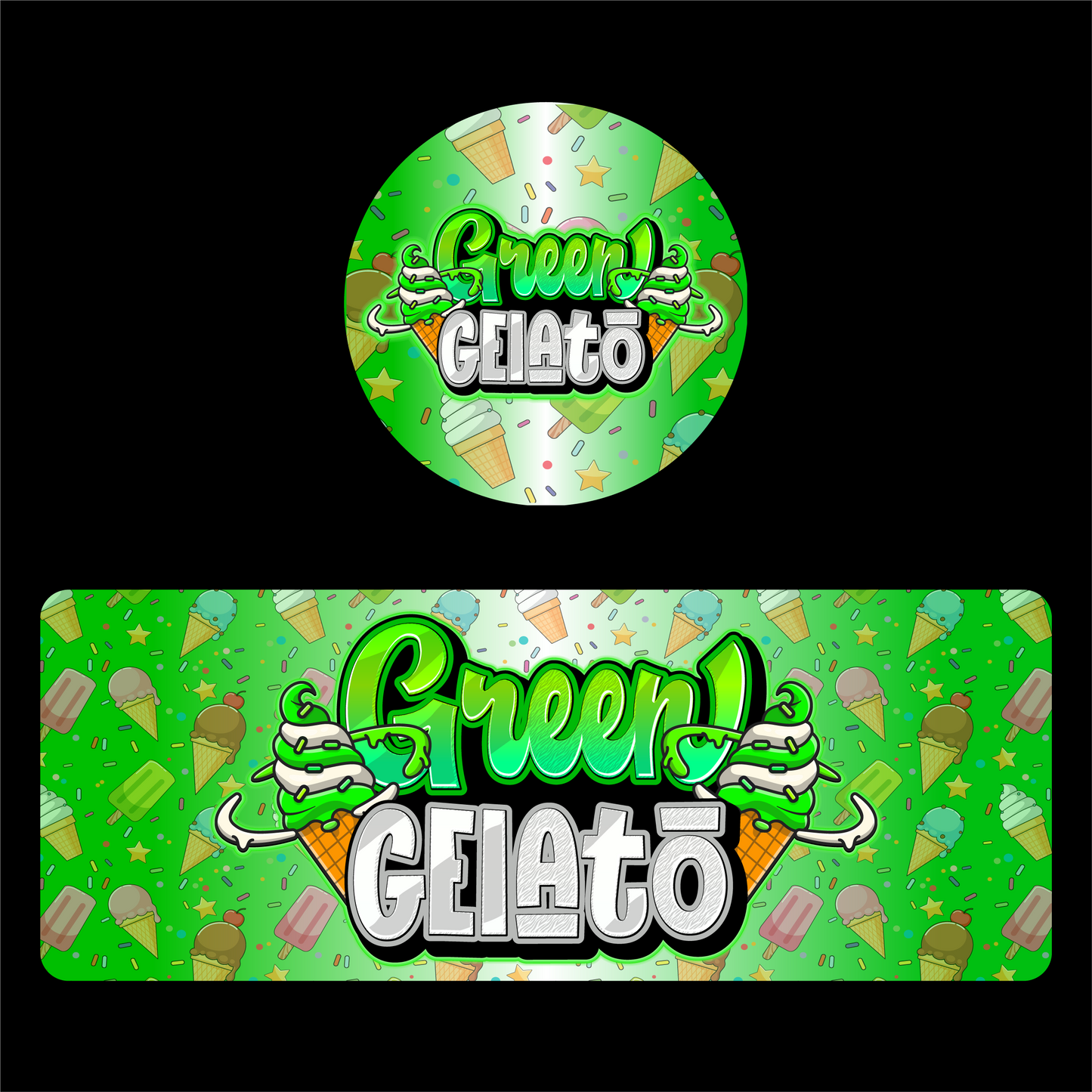 Designte 100ml Miron Gläser mit verschiedenen Designs, grünes Green Gelato Design mit Eis im Hintergrund.