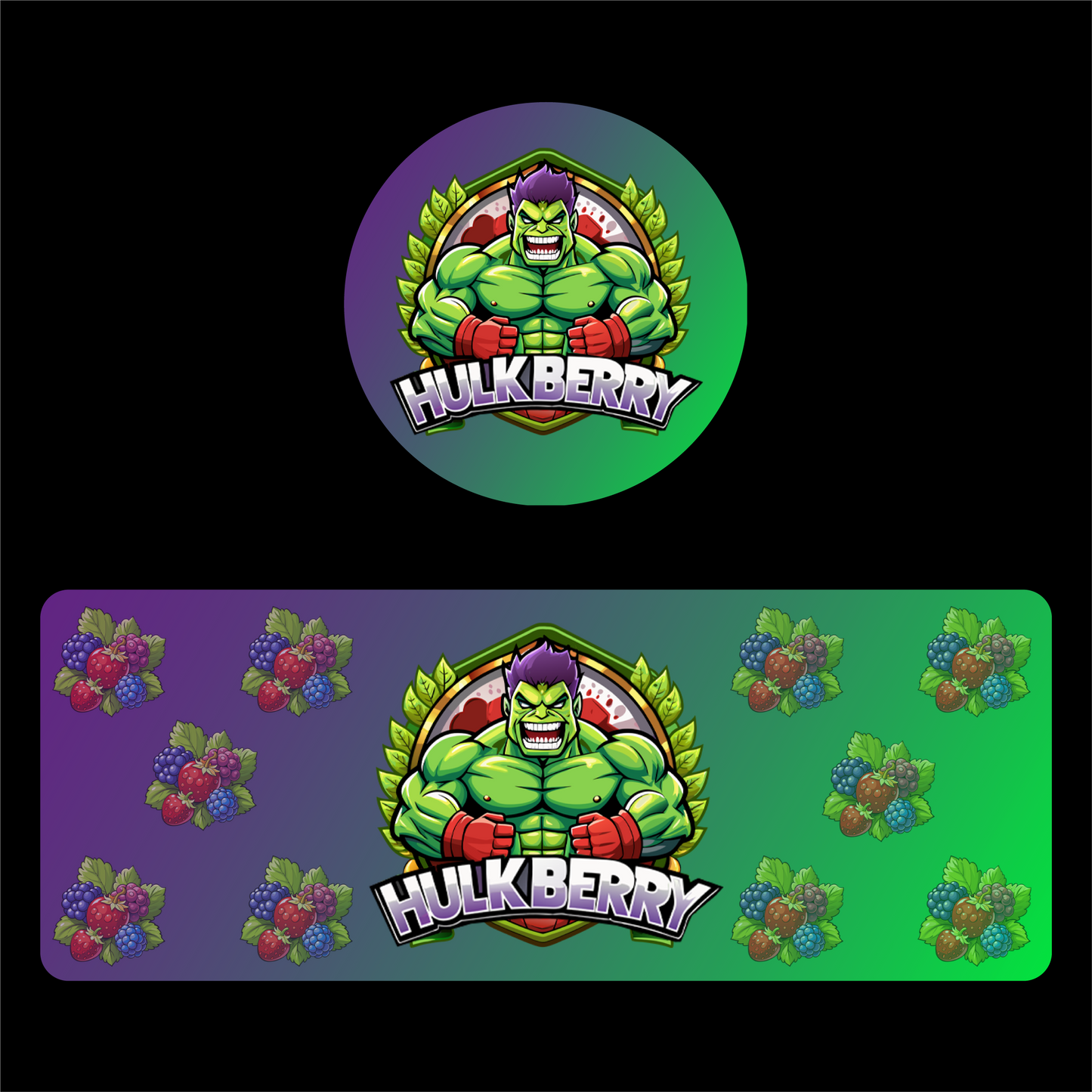 Designte 100ml Miron Gläser mit verschiedenen Designs, lila und grünes Hulk Berry Design mit Früchten im Hintergrund.