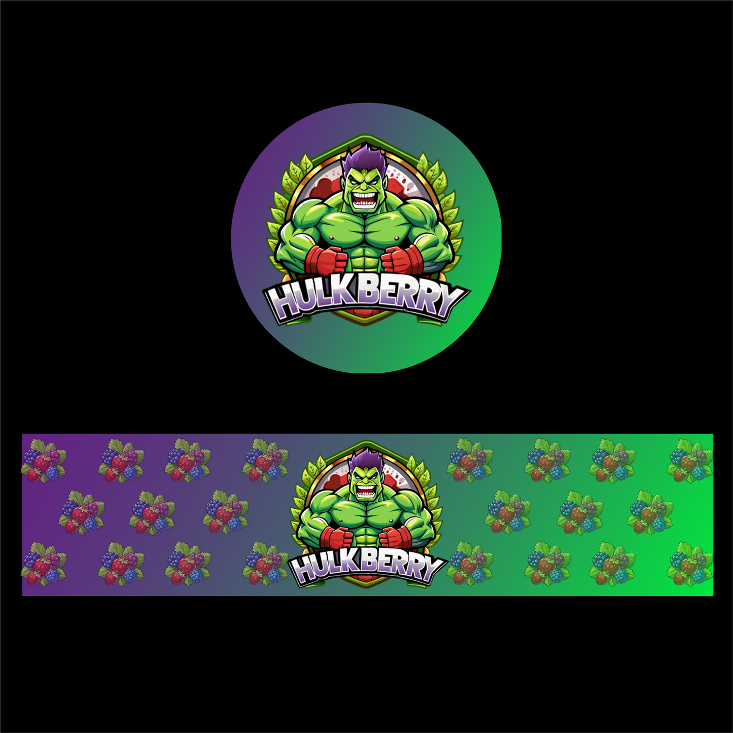 Designte 5ml Miron Gläser mit verschiedenen Designs, lila und grünes Hulk Berry Design mit Früchten im Hintergrund.