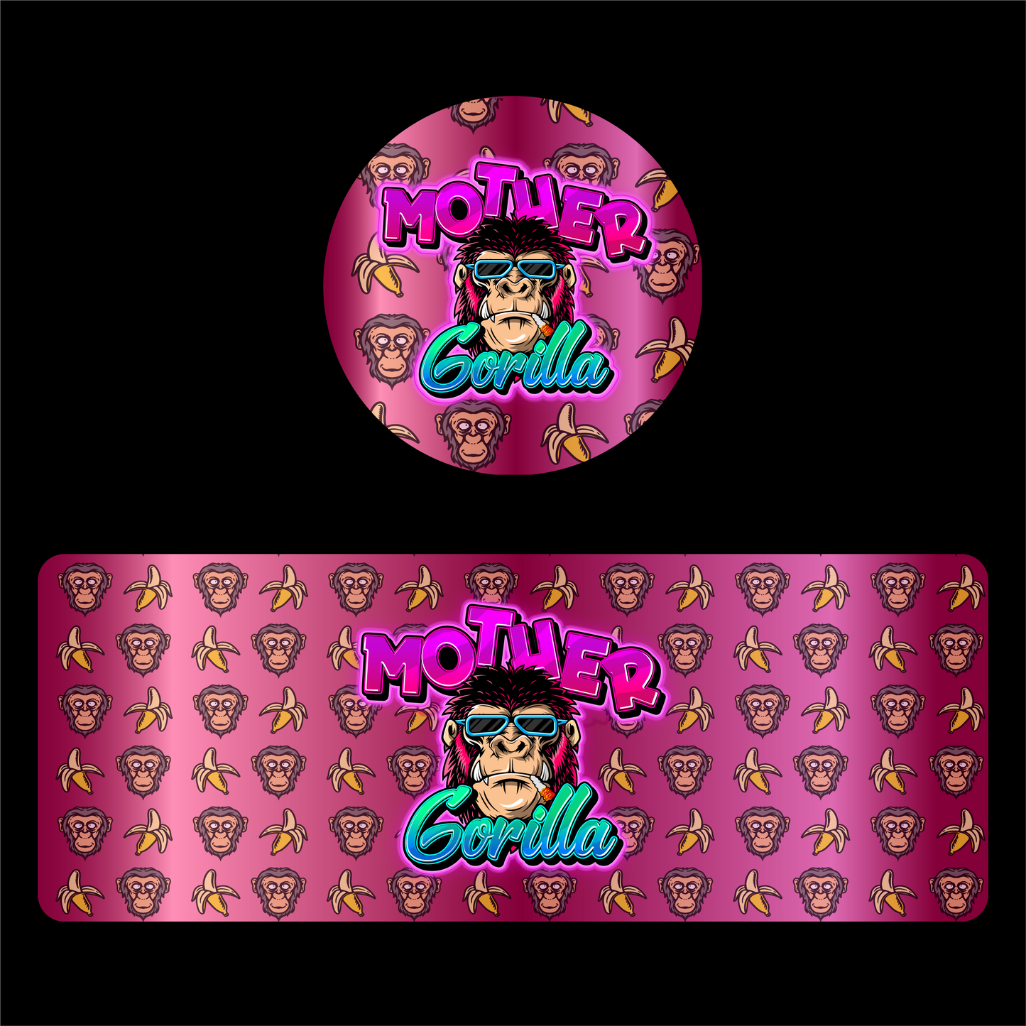 Designte 200ml Miron Gläser mit verschiedenen Designs,rosa lilanem Mother Gorilla Design mit Gorilla und Sonnenbrille und Bananen im Hintergrund.