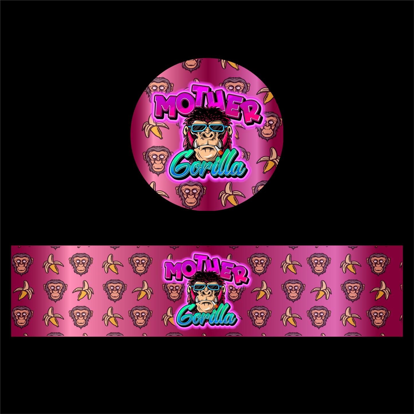 Designte 5ml Miron Gläser mit verschiedenen Designs,rosa lilanem Mother Gorilla Design mit Gorilla und Sonnenbrille und Bananen im Hintergrund.