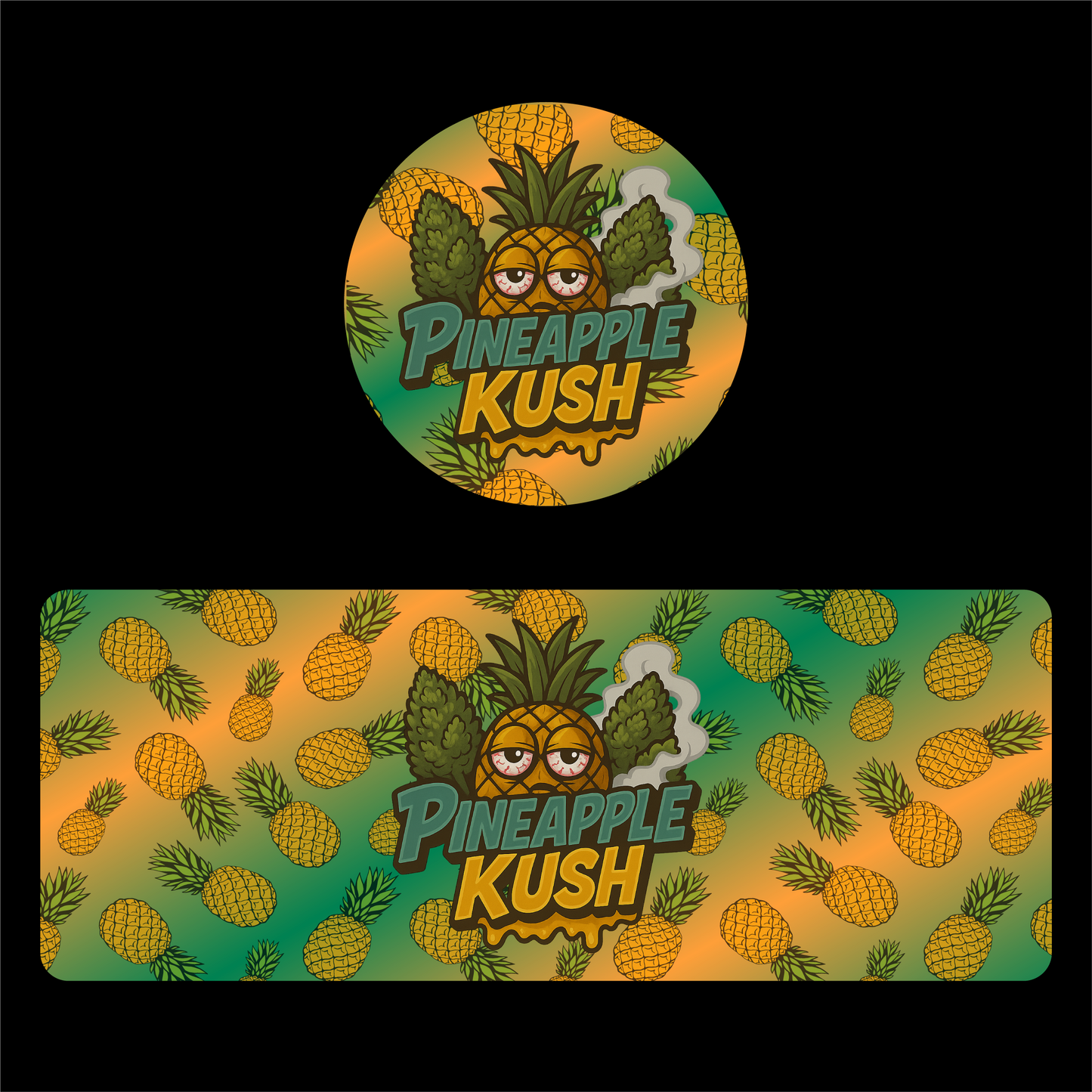 Designte 200ml Miron Gläser mit verschiedenen Designs, orangenes Pineapple Kush Design mit Ananas im Hintergrund.