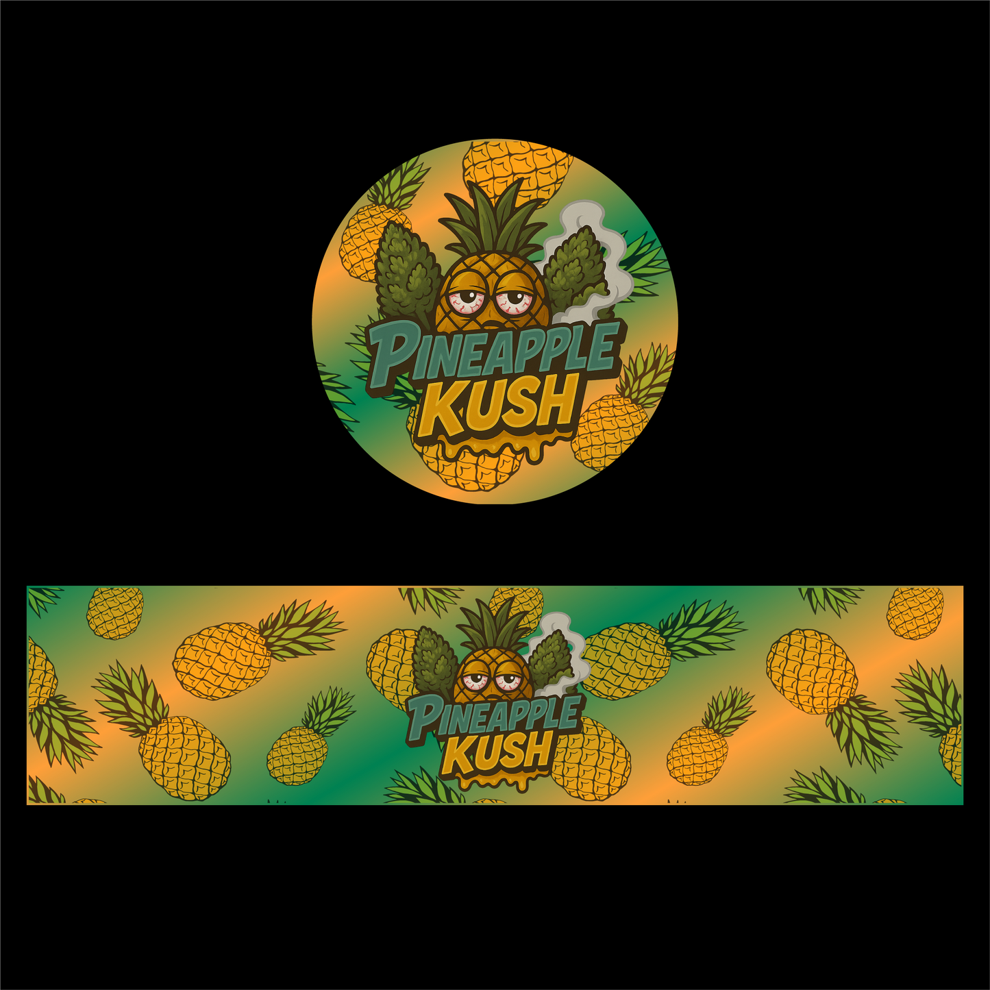 Designte 5ml Miron Gläser mit verschiedenen Designs, orangenes Pineapple Kush Design mit Ananas im Hintergrund.