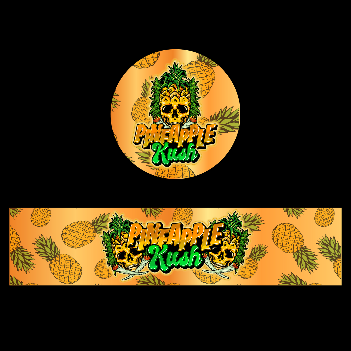 Designte 15ml Miron Gläser mit verschiedenen Designs, orangenes Pineapple Kush Design mit Ananas im Hintergrund.