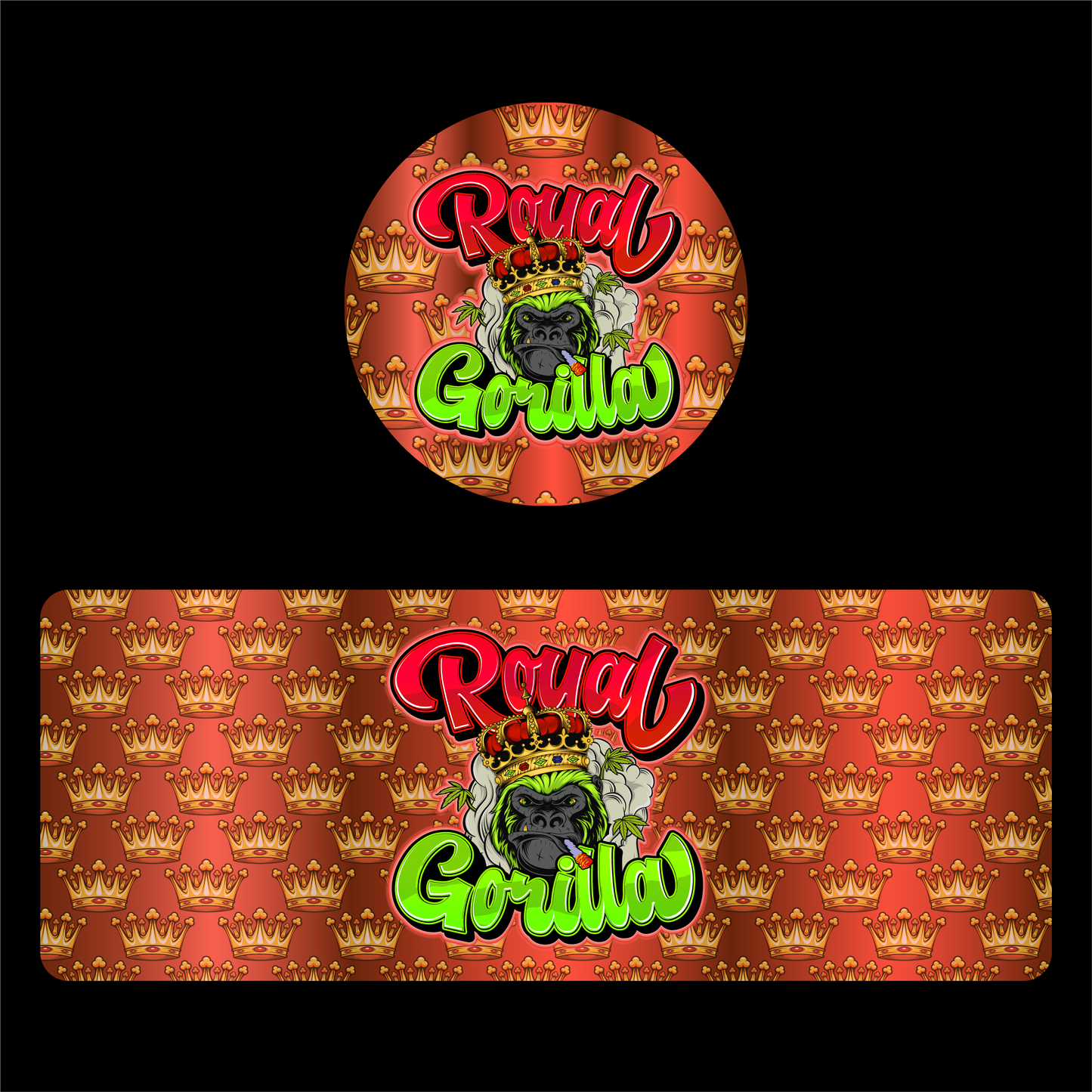 Designte 100ml Miron Gläser mit verschiedenen Designs, buntes Royal Gorilla Design mit einer Krone und einem Gorilla.