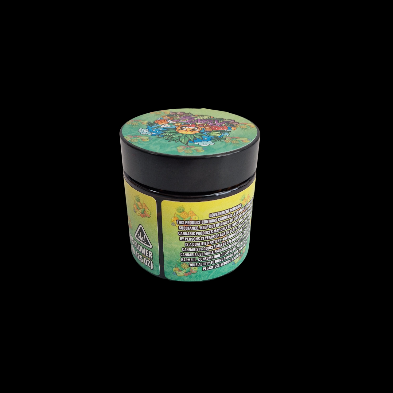 60ml Braunglas mit farbenfrohem Runtz OG Design – dekoratives Glas mit Etikett in Gelb und Grün mit Früchten im Hintergrund.