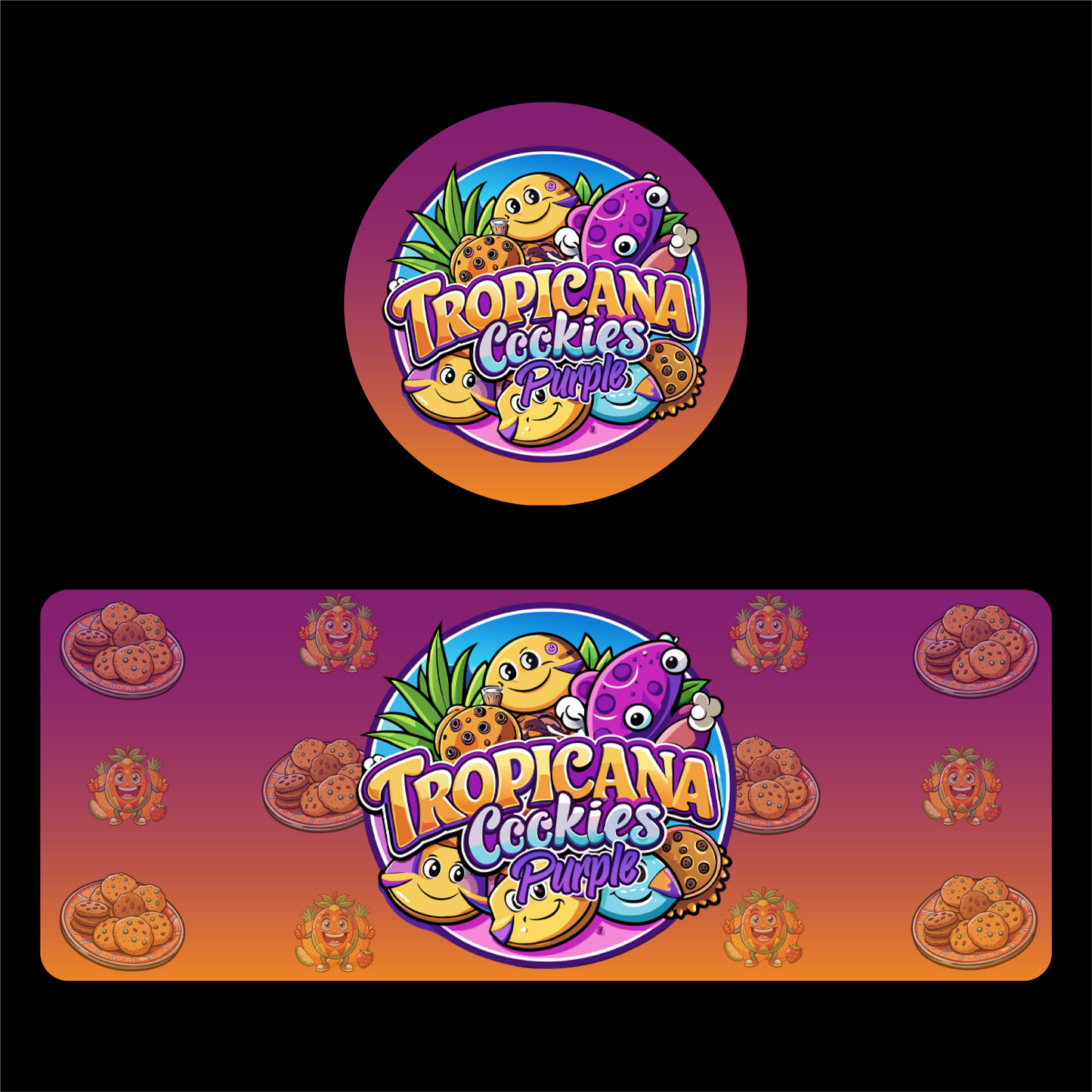 Designte 200ml Miron Gläser mit verschiedenen Designs, buntes Tropicana Cookies Purple Design mit Keksen.