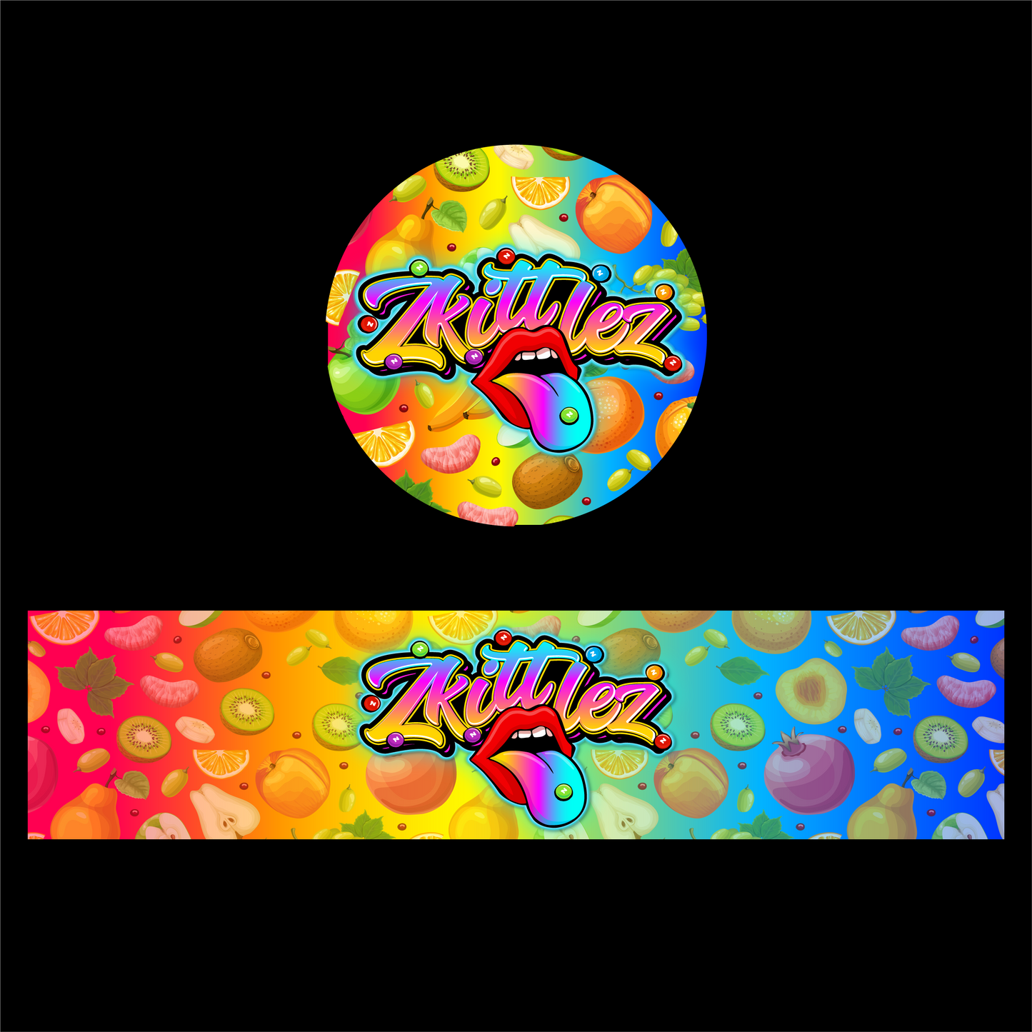 Designte 5ml Miron Gläser mit verschiedenen Designs, buntes Zkittlez Design mit Früchten.
