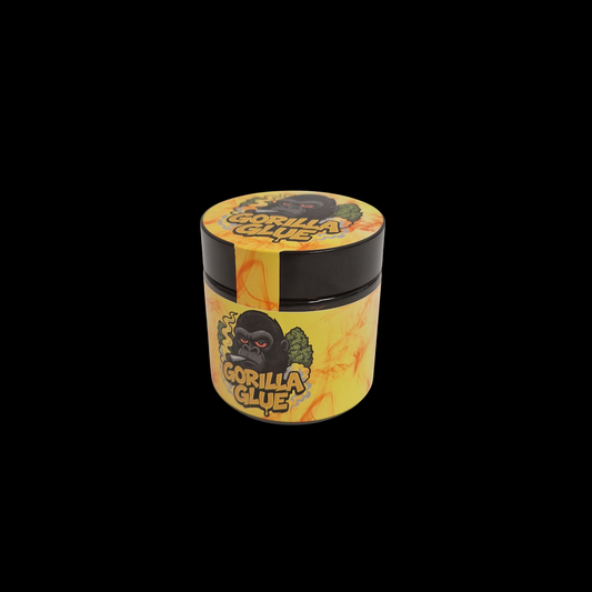 60ml Braunglas mit farbenfrohem Gorilla Glue Design – dekoratives Glas mit Etikett in Gelb und Rot.