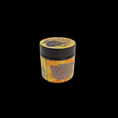 60ml Braunglas mit farbenfrohem Gorilla Glue Design – dekoratives Glas mit Etikett in Gelb und Rot.