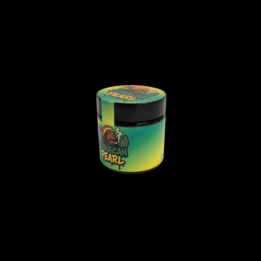 60ml Braunglas mit farbenfrohem Jamaican Pearl Design – dekoratives Glas mit Etikett in Orange, Gelb und Grün.