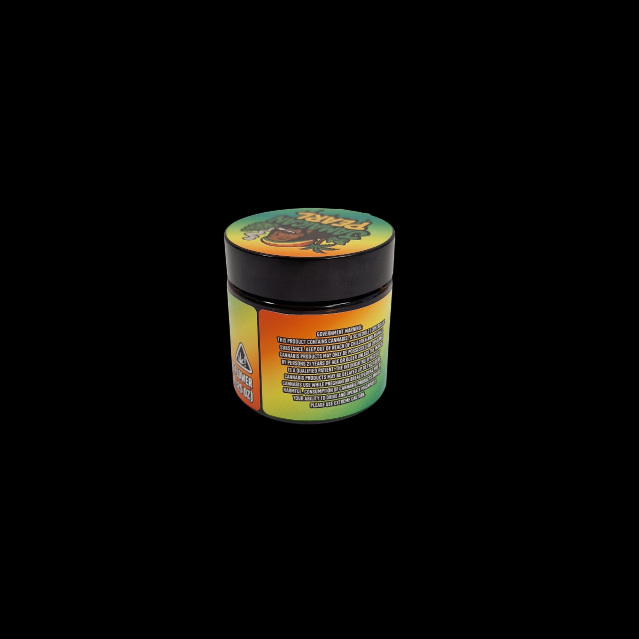 60ml Braunglas mit farbenfrohem Jamaican Pearl Design – dekoratives Glas mit Etikett in Orange, Gelb und Grün.