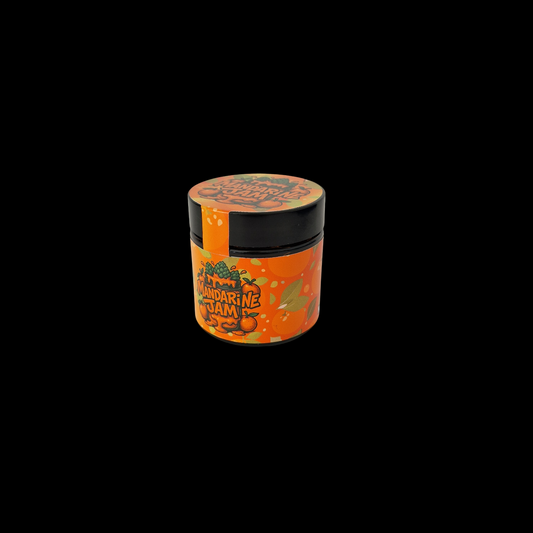 60ml Braunglas mit farbenfrohem ‚Mandarine Jam‘-Design – dekoratives Glas mit fruchtigem Etikett in Orange und Grün